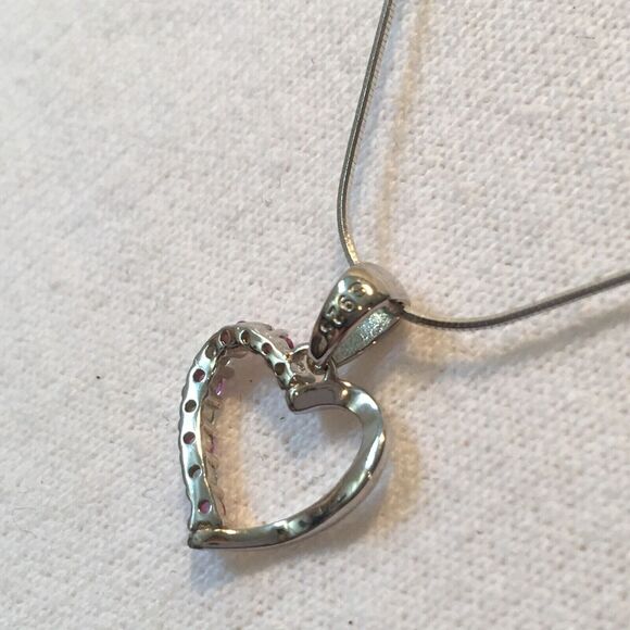 Sterling Silver Pink Sapphire Necklace Lab Created CZ Heart Pendant Snake Chain - Picture 2 of 16
